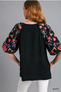 Black Linen Blend Top with Embroidery Balloon Sleeve