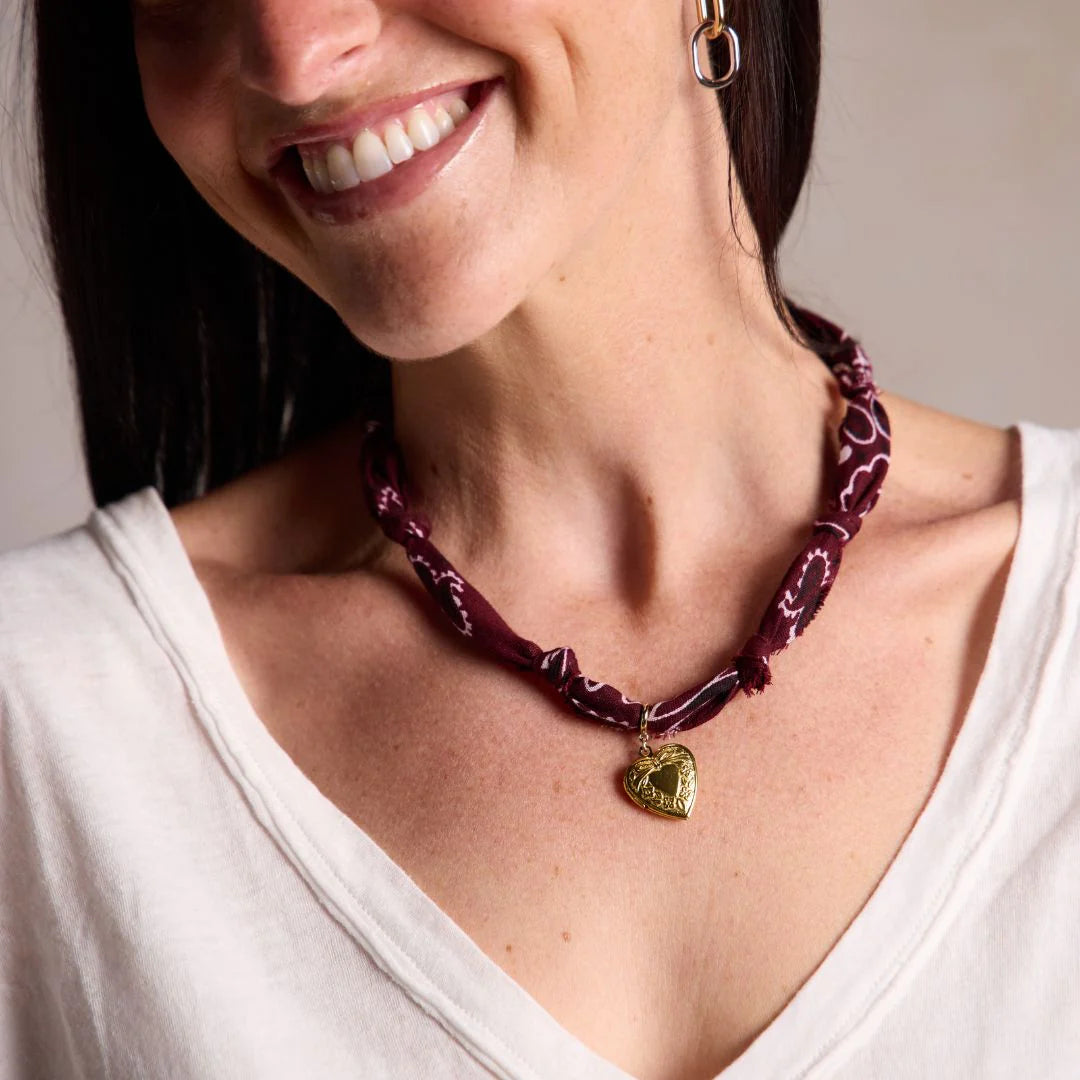 Burgundy Bandana Heart Locket Necklace