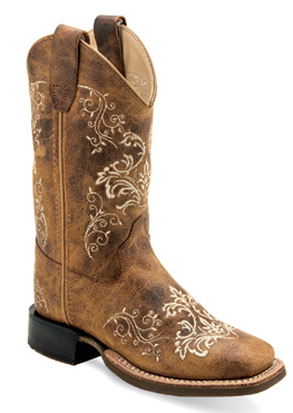 Old West Girl's Square Toe Leather Western Boot Brown with Embroidery2