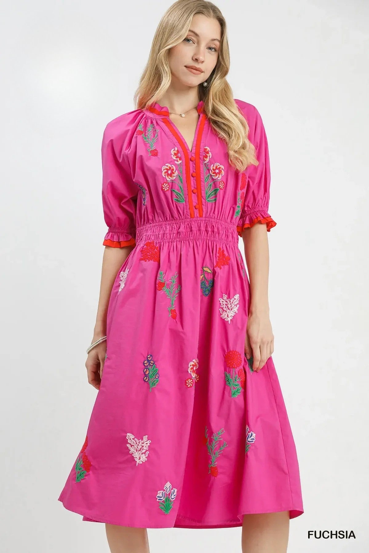 Fuchsia Fiesta Embroidered Midi Dress