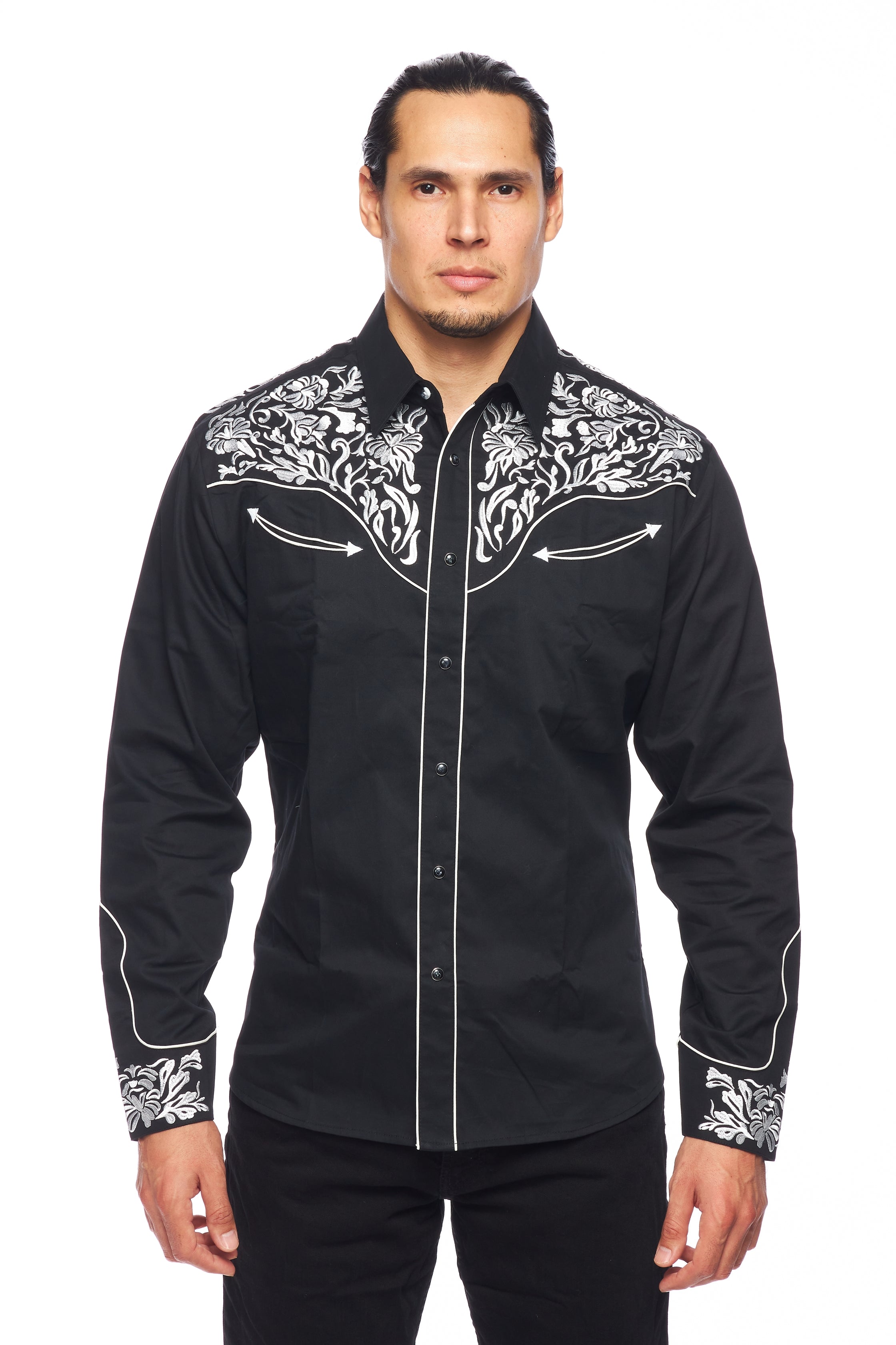 Men's Black Long Sleeve Western Shirt w White Floral Embroidery