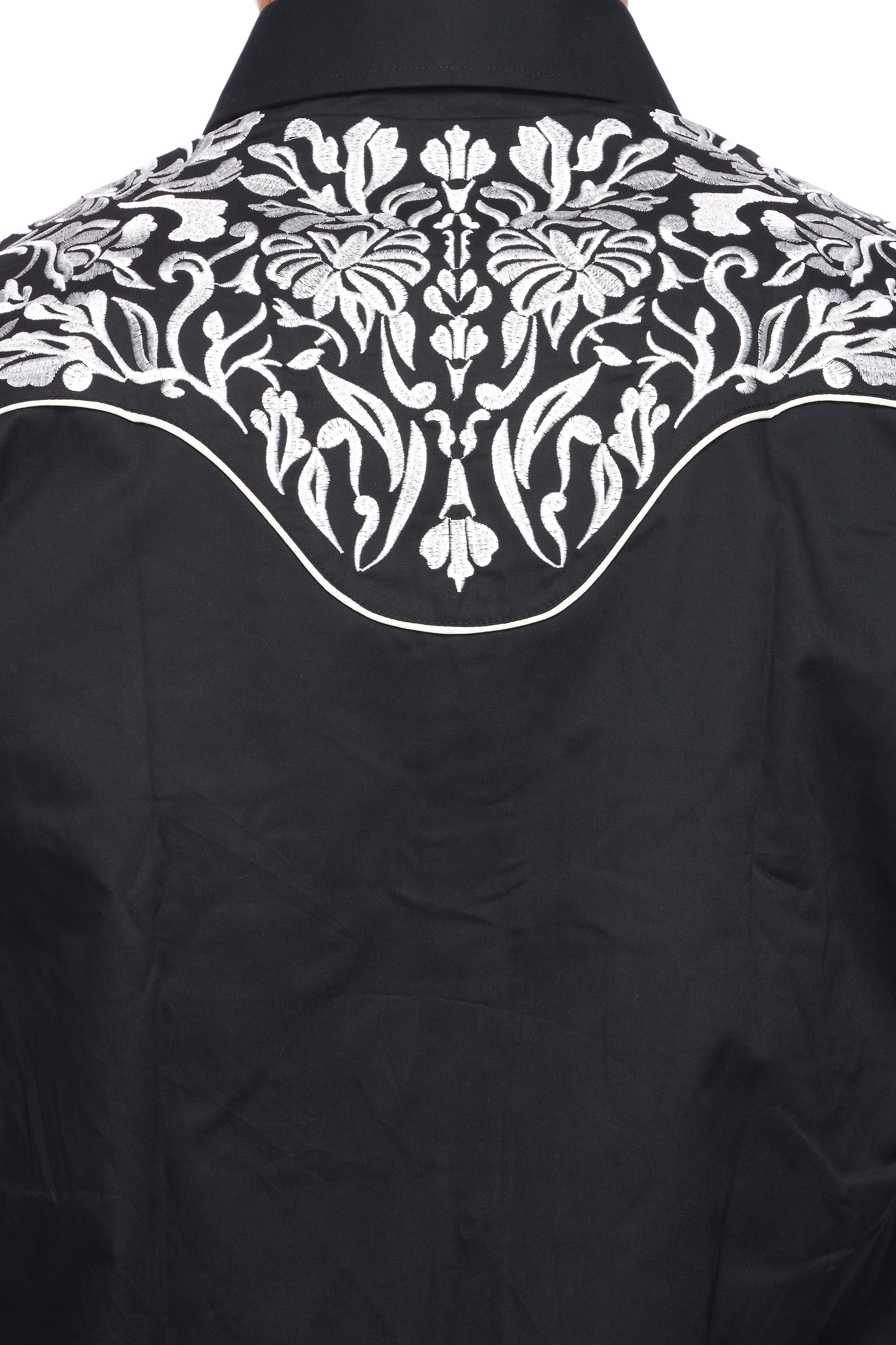 Men's Black Long Sleeve Western Shirt w White Floral Embroidery