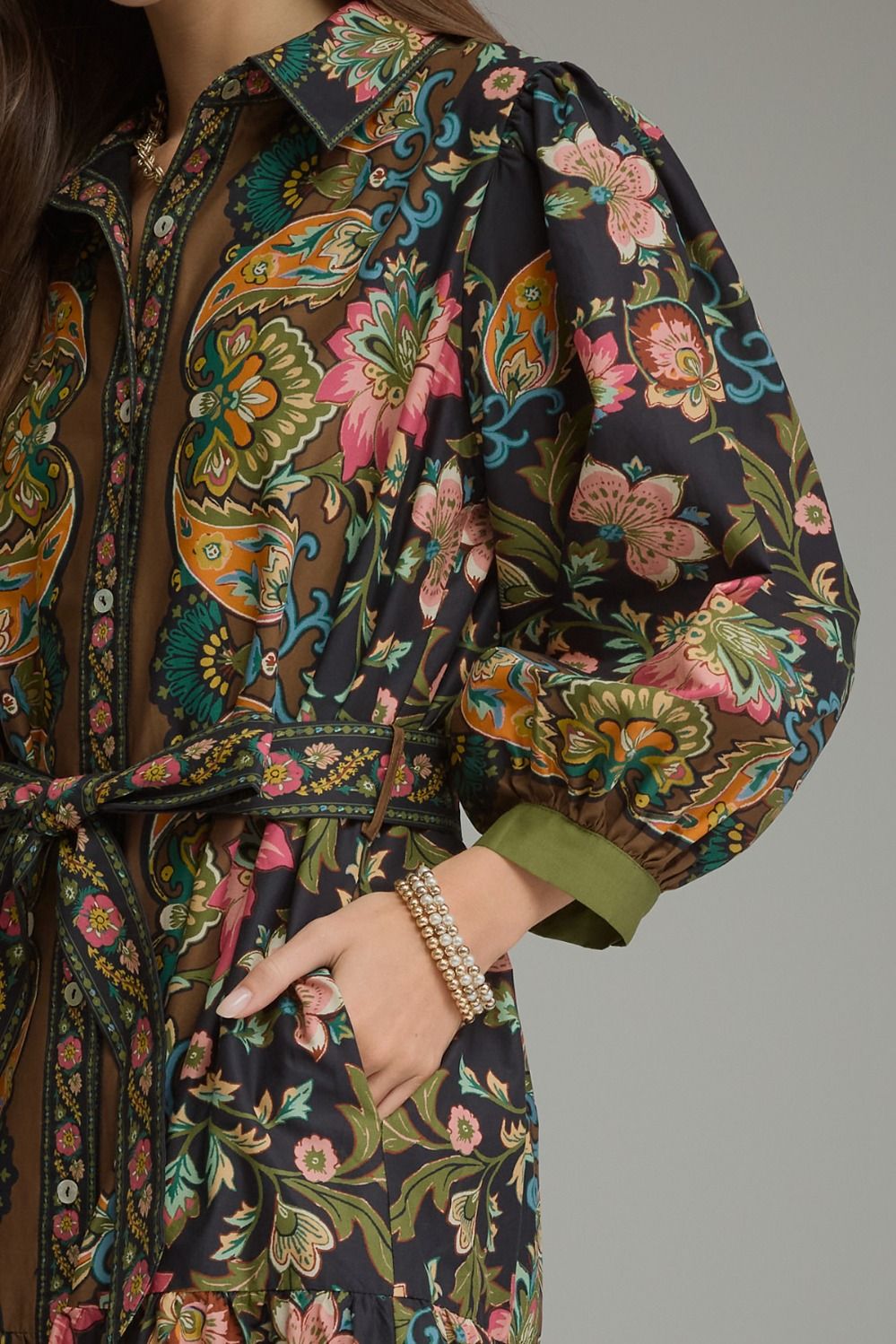Elegant Botanical Print Belted Midi Dress