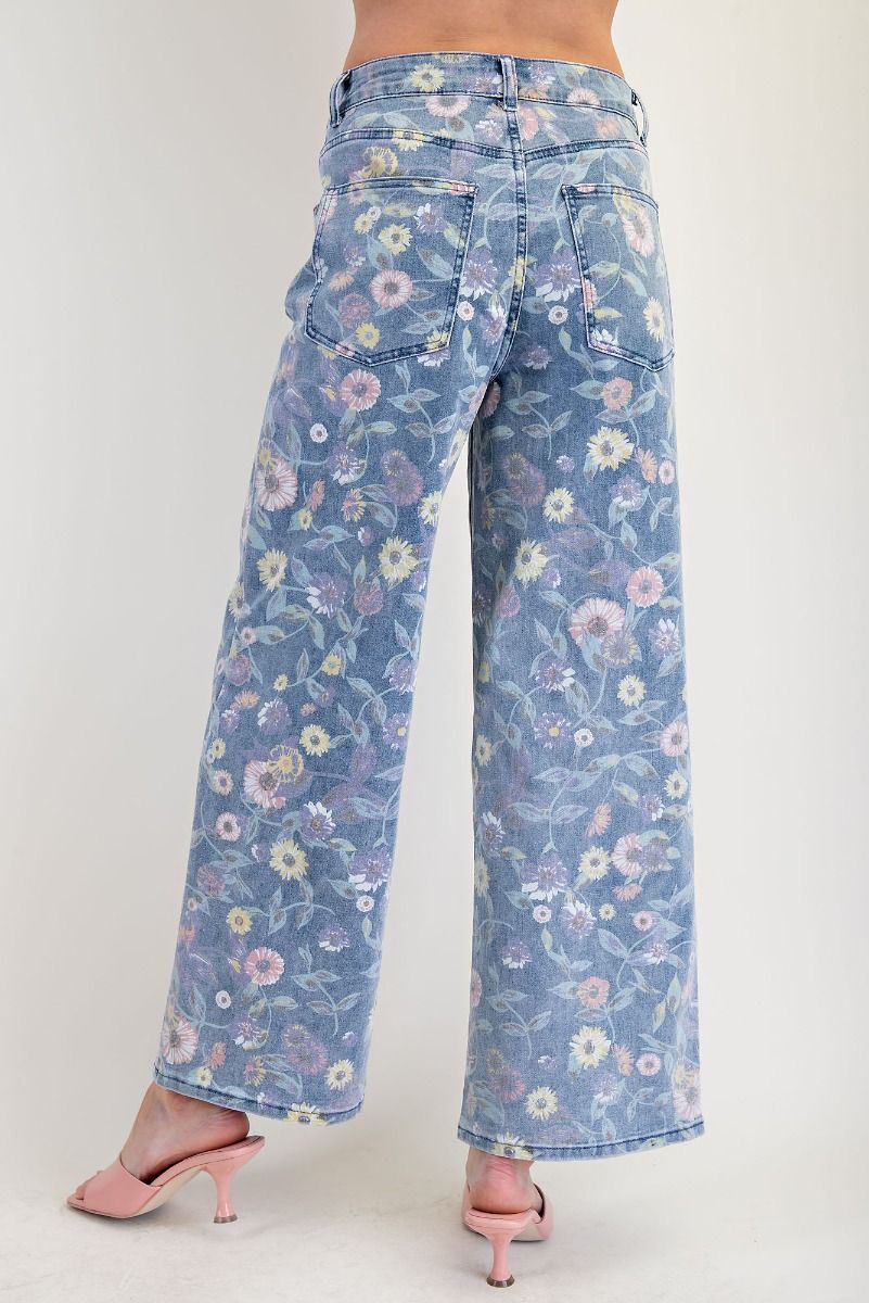 Floral Print Washed Denim Twill Pants
