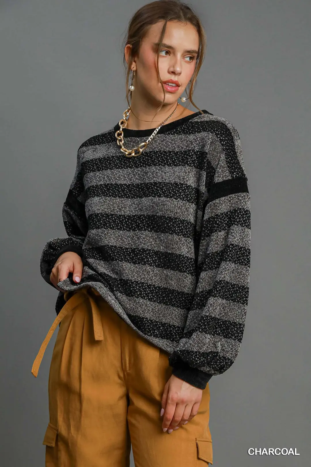 Warm & Cozy Black & Charcoal Striped Knit Top