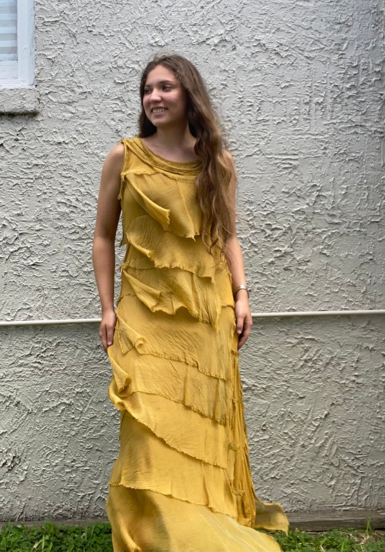 Washable Silk Sleeveless Ankle Length Ruffle Dress