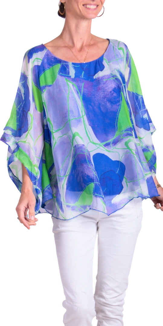 Silk Top w/ Abstract & Ink Lines/Royal Blue