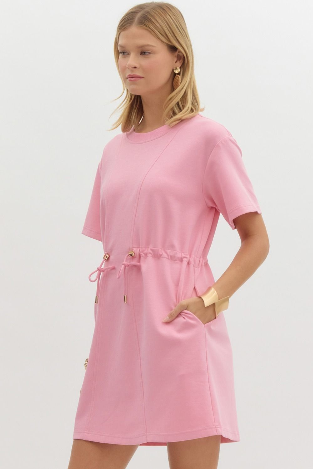 Pink Mini Knit Dress w/ Drawstring Waist