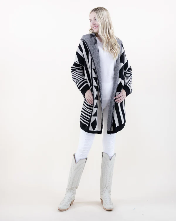 Black & Cream Geometric Hooded Cardigan