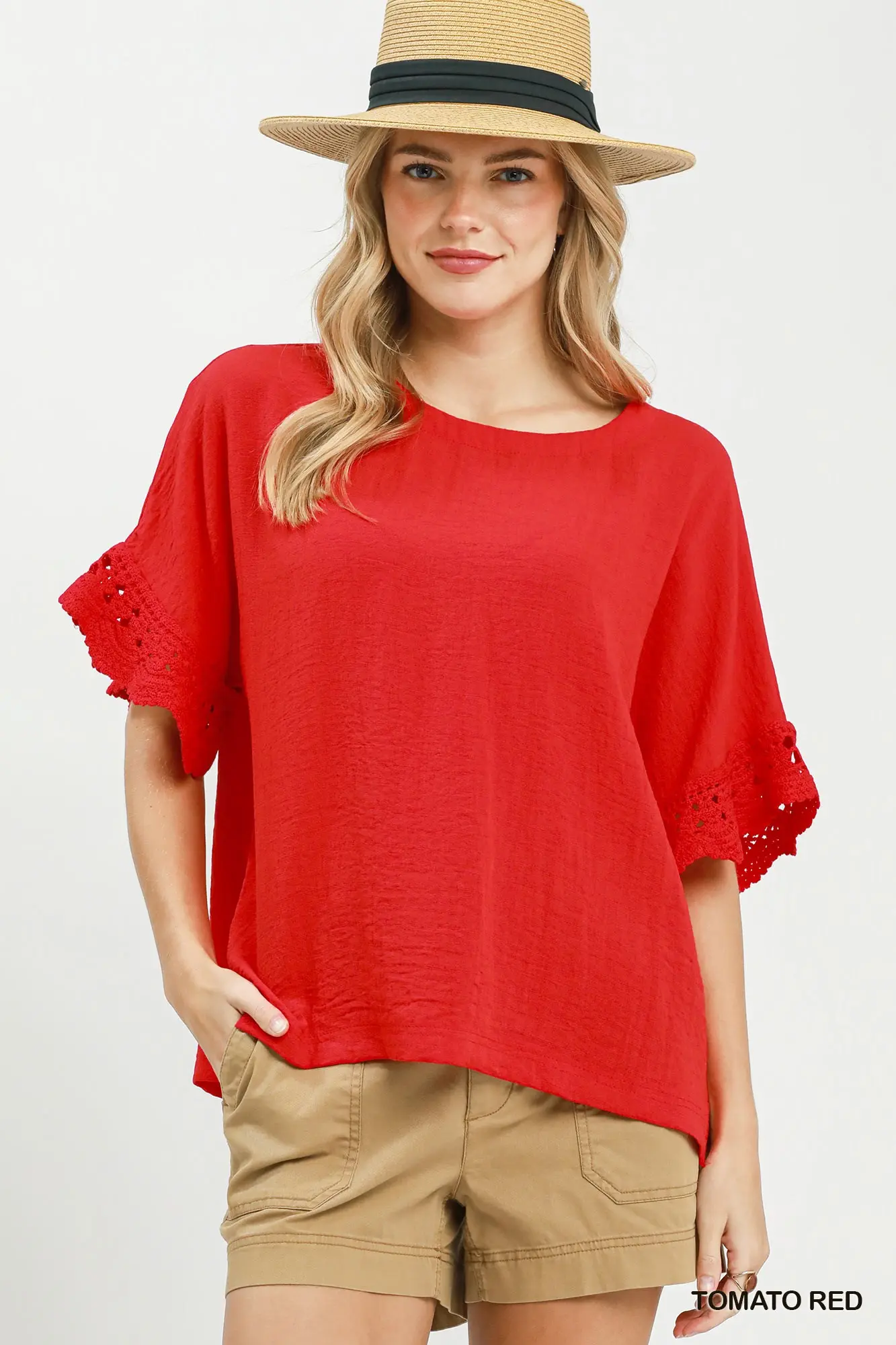Tomato Red Crochet Flutter Sleeve Top