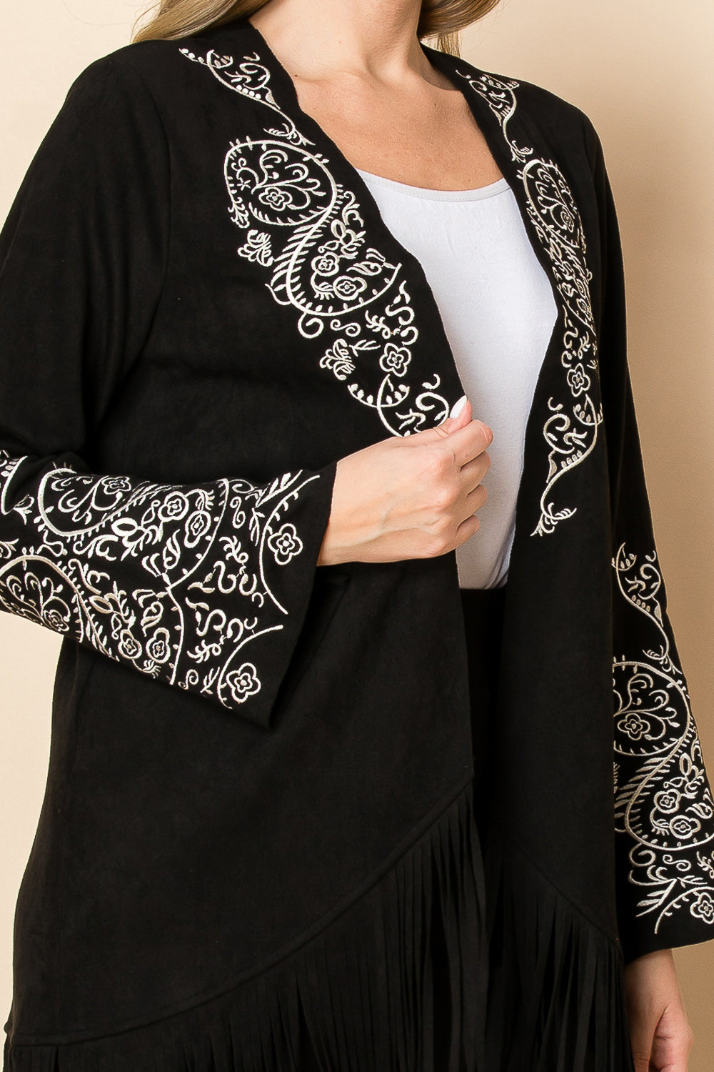 Black Ultra Suede Blazer Jacket w/ Fringe & Embroidery