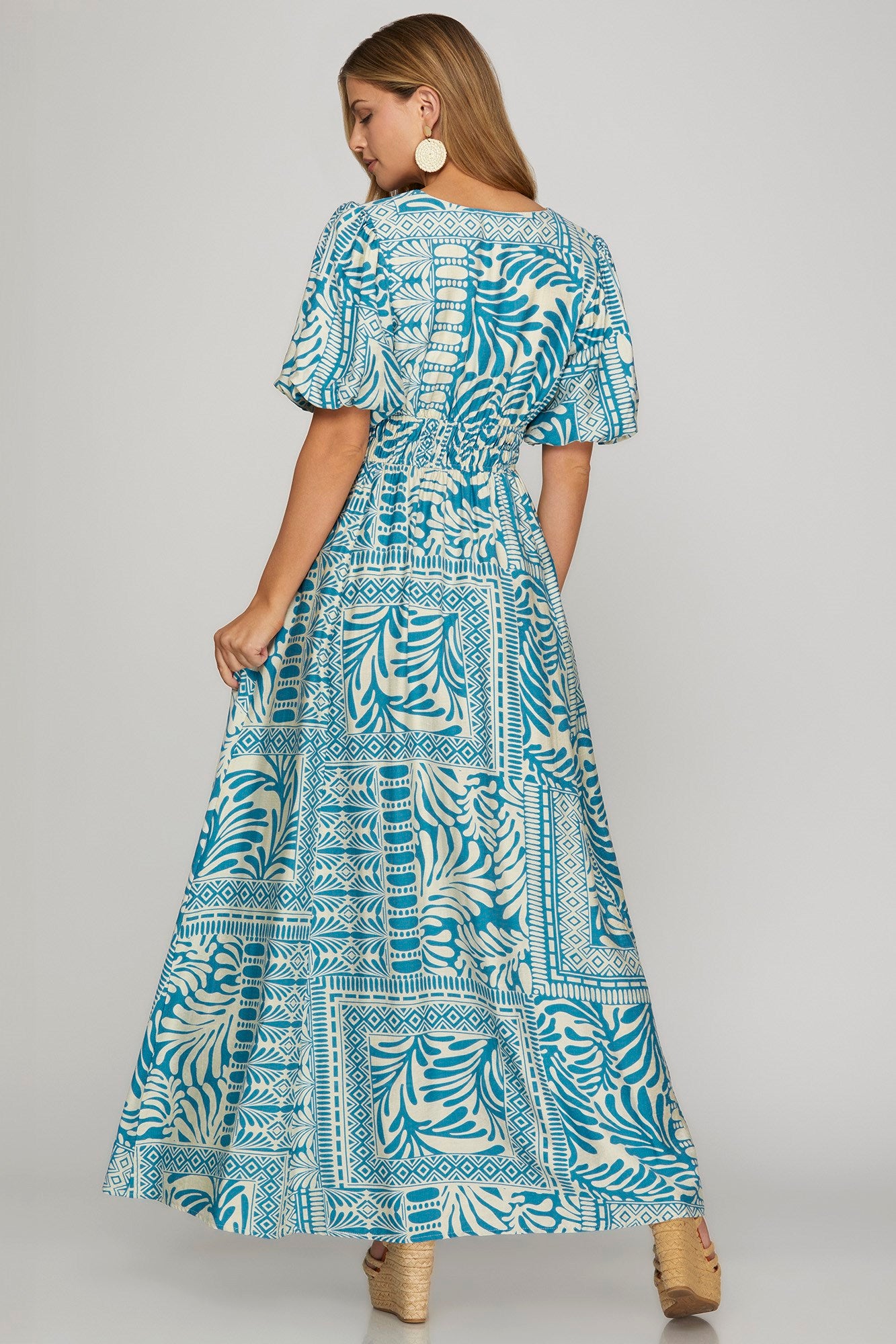 Turquoise & Cream Puff Sleeve Maxi Dress