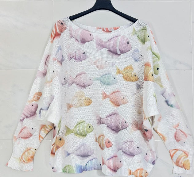 For the Love of Fish Knit Printed Sweater