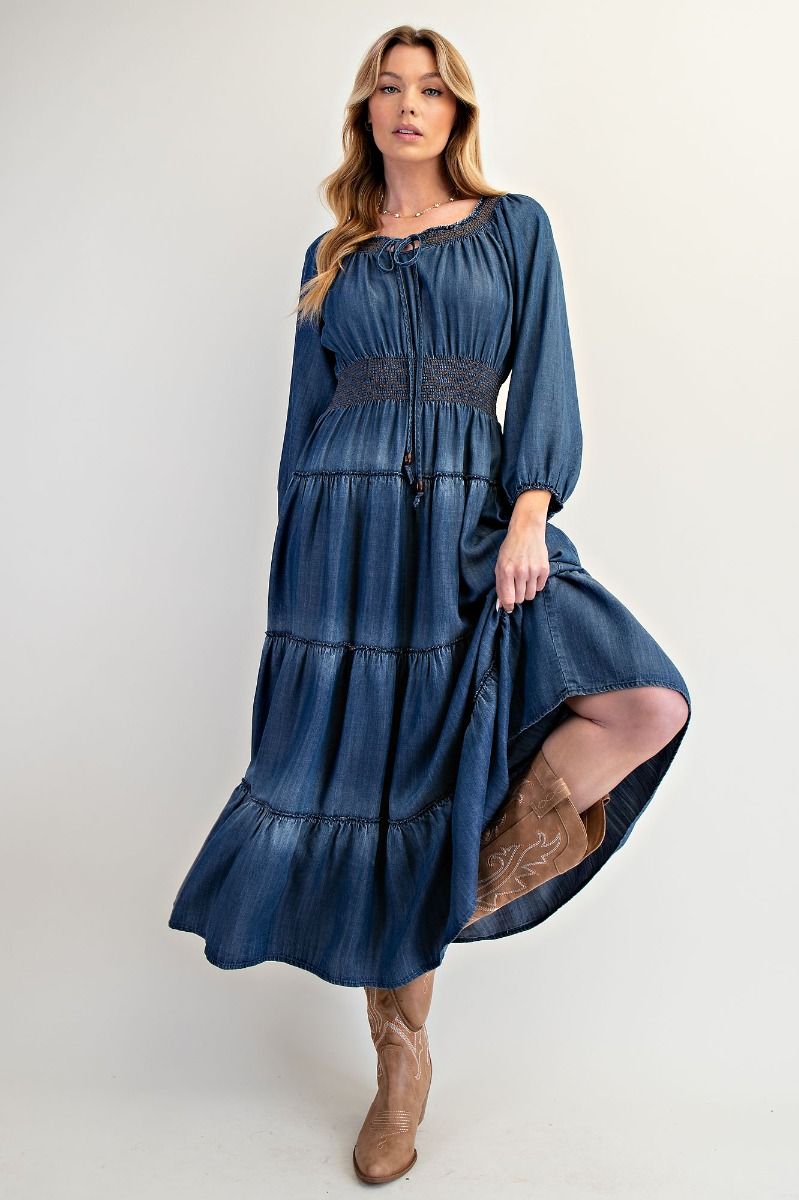 Smocked & Tiered Denim Maxi Dress