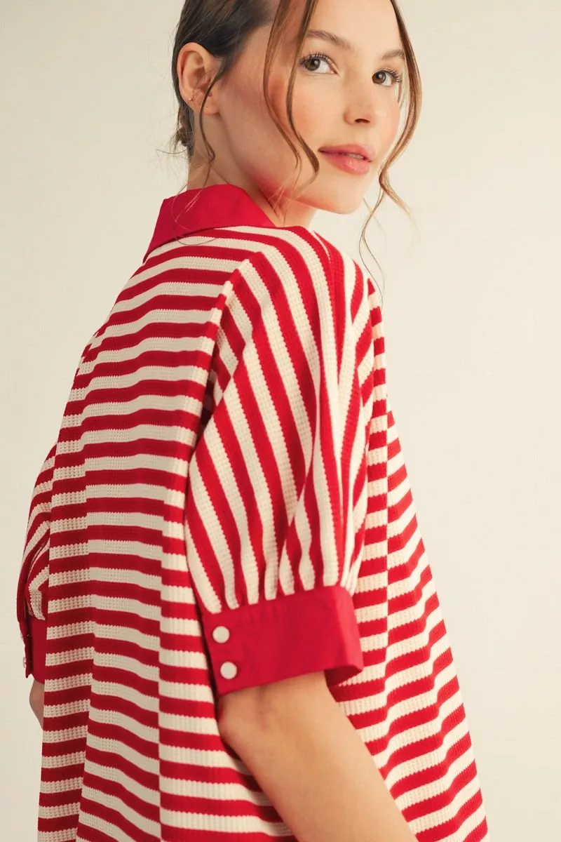 Red Stripe Contrast Collar V-Neck Top