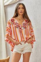 Orange/Pink Striped Poncho Style Embroidered Top