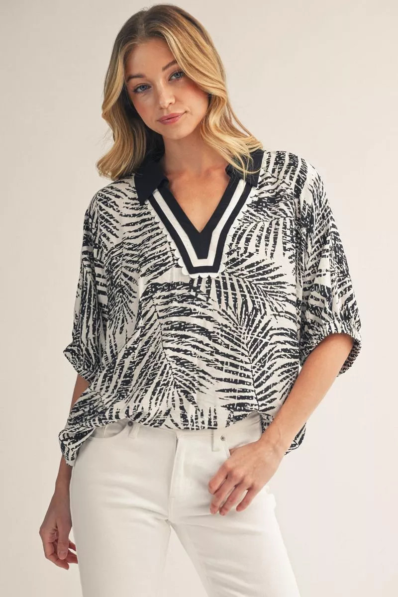 Black & White Tropical Muse Scallop Trim Top