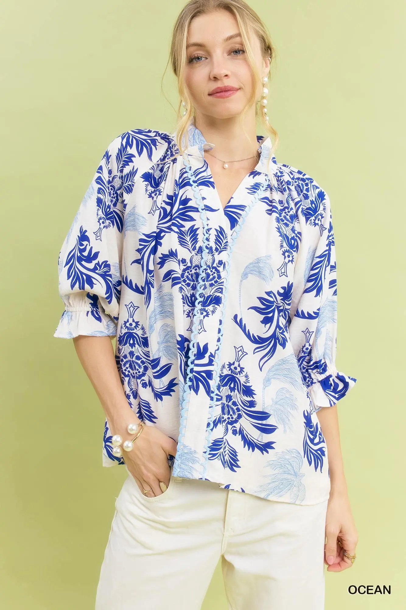 Ocean Blue Leafy Damask Print Button-Down Top