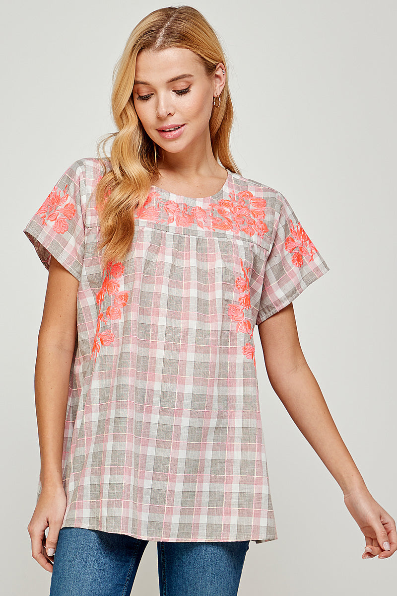 Pink/Grey/White Plaid Embroidered Short Sleeve Top
