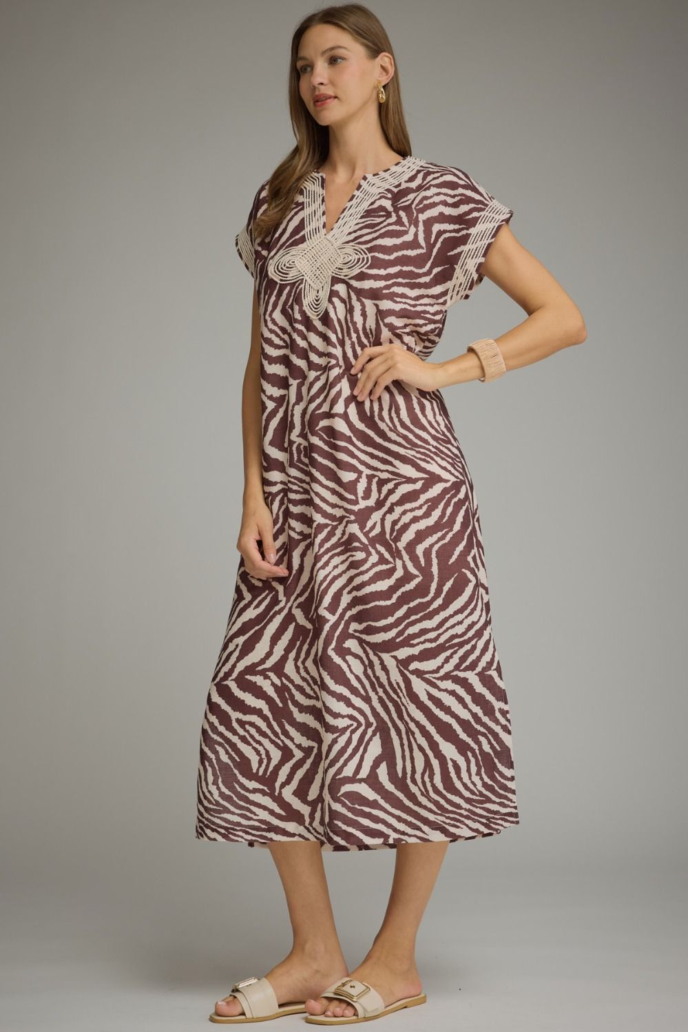 Zebra Print Crochet Trim Midi Dress 🤎