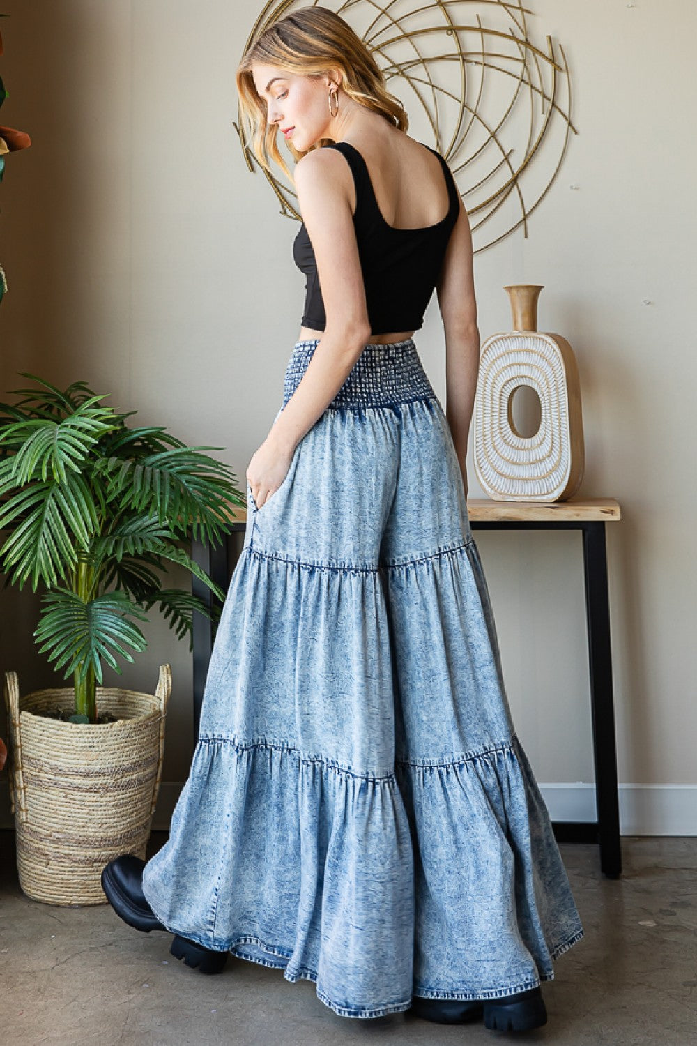 Washed Tencel Tiered Wide Pants