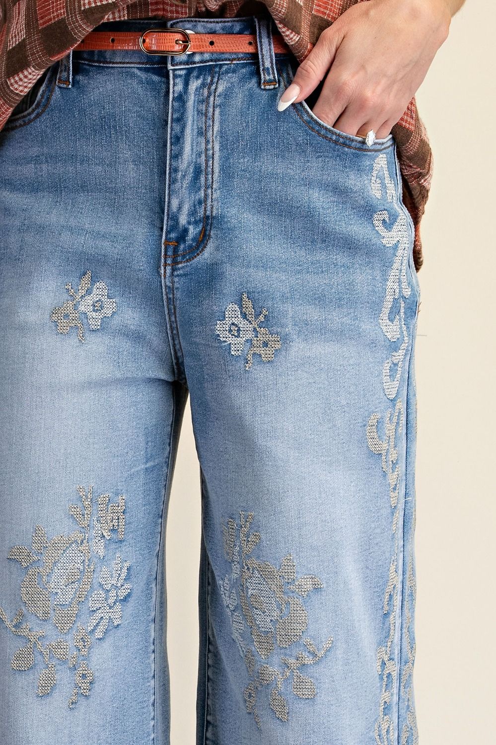 Neutral Floral Embroidered Wide Leg Jeans