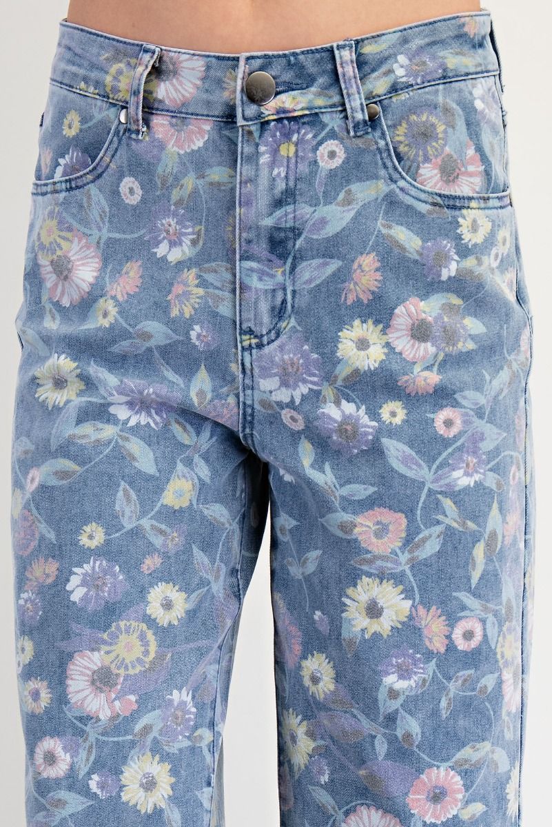 Floral Print Washed Denim Twill Pants