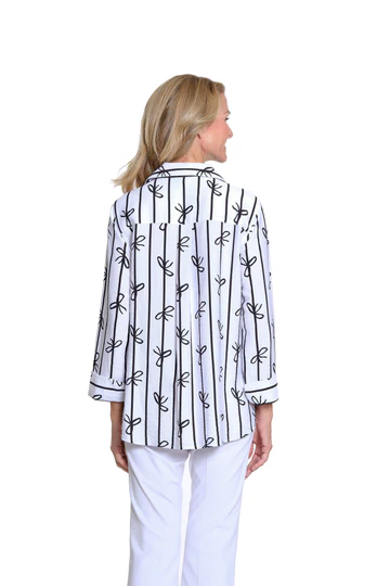 White Woven Women's Shirt w/ Black Bow Print