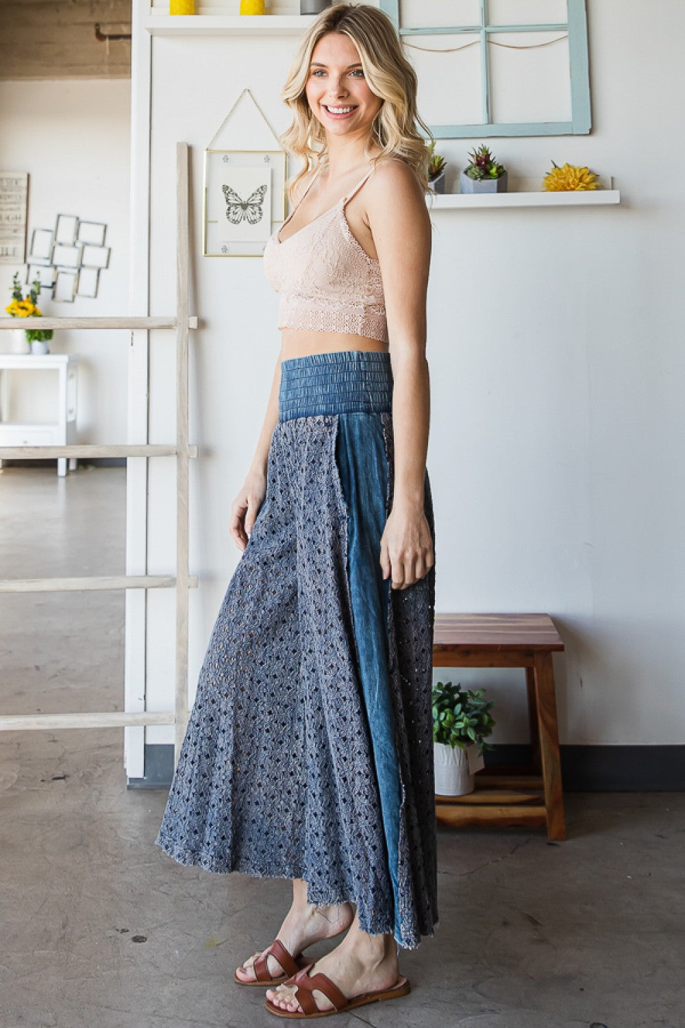 Navy Mineral Washed Lace Wide Pants