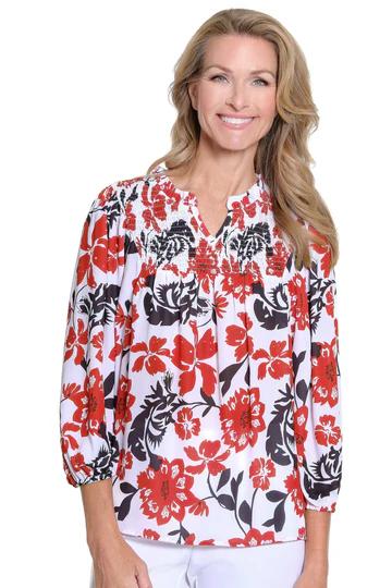White w/ Red & Black Floral  Top by Multiples