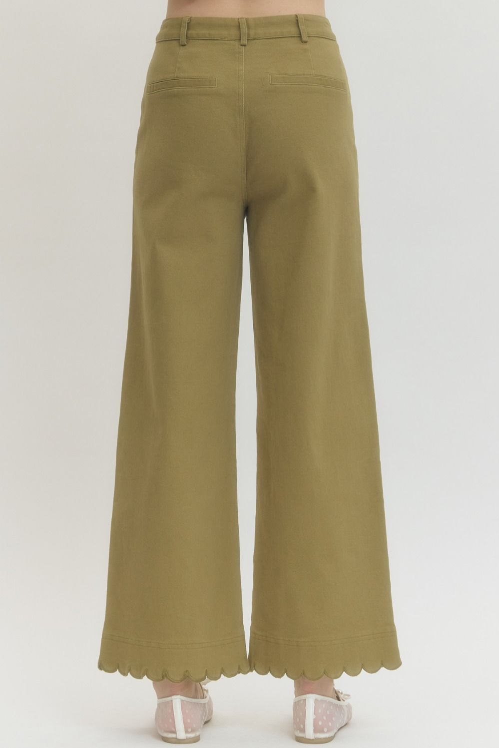 Light Olive Scallop Trim Wide Leg Pants