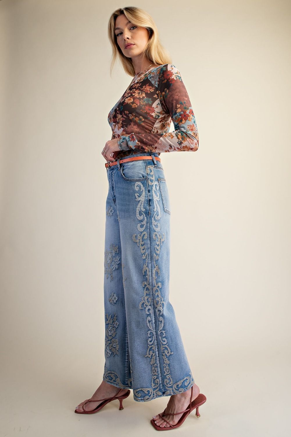 Neutral Floral Embroidered Wide Leg Jeans