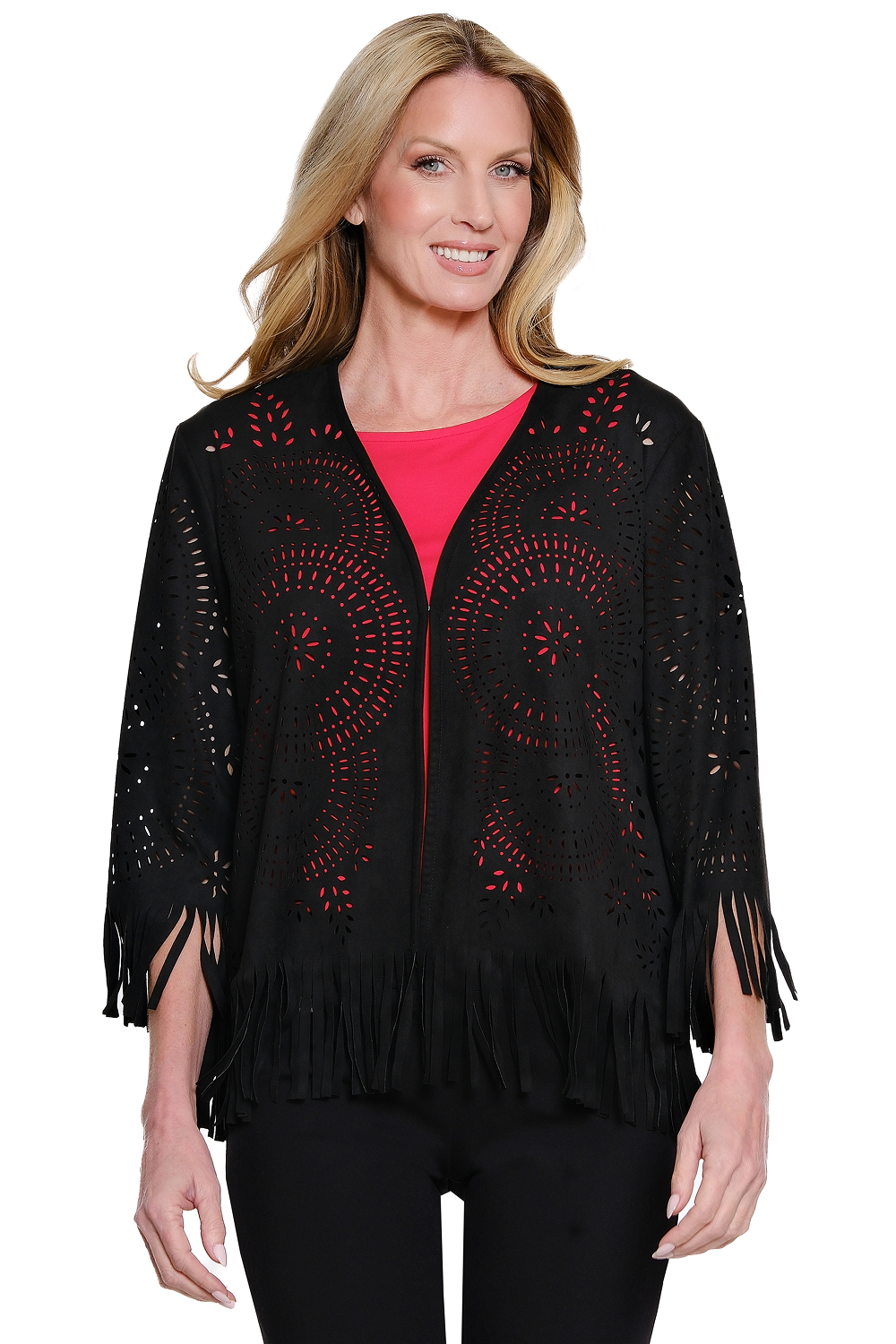 Black Ultra Suede Open Jacket w/ Fringe Hem by Multiples