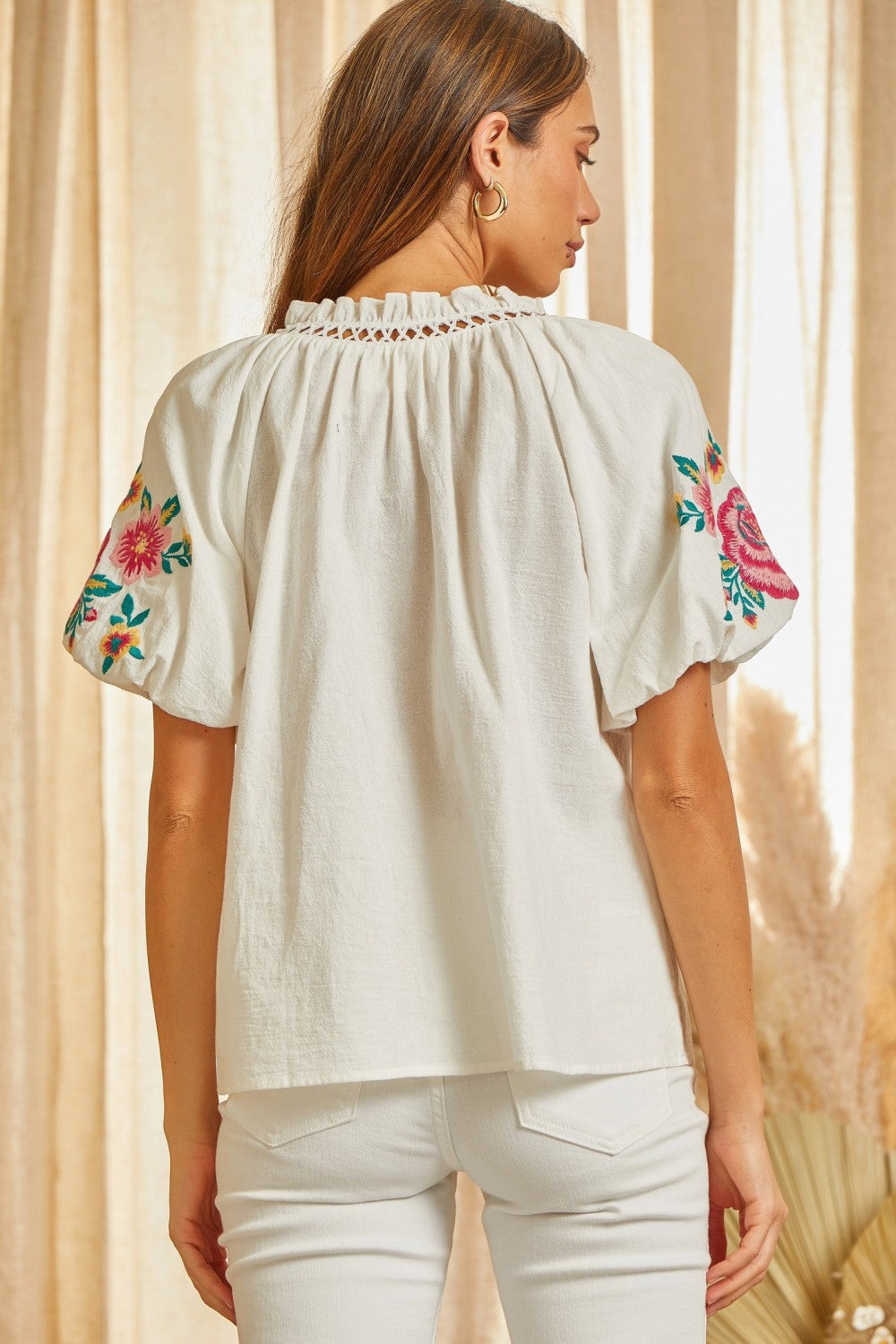 V-Neck White Cotton Top w/ Embroidered Puff Sleeves