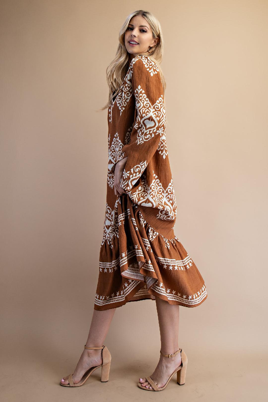 Camel Brown Long Sleeve Midi Dress