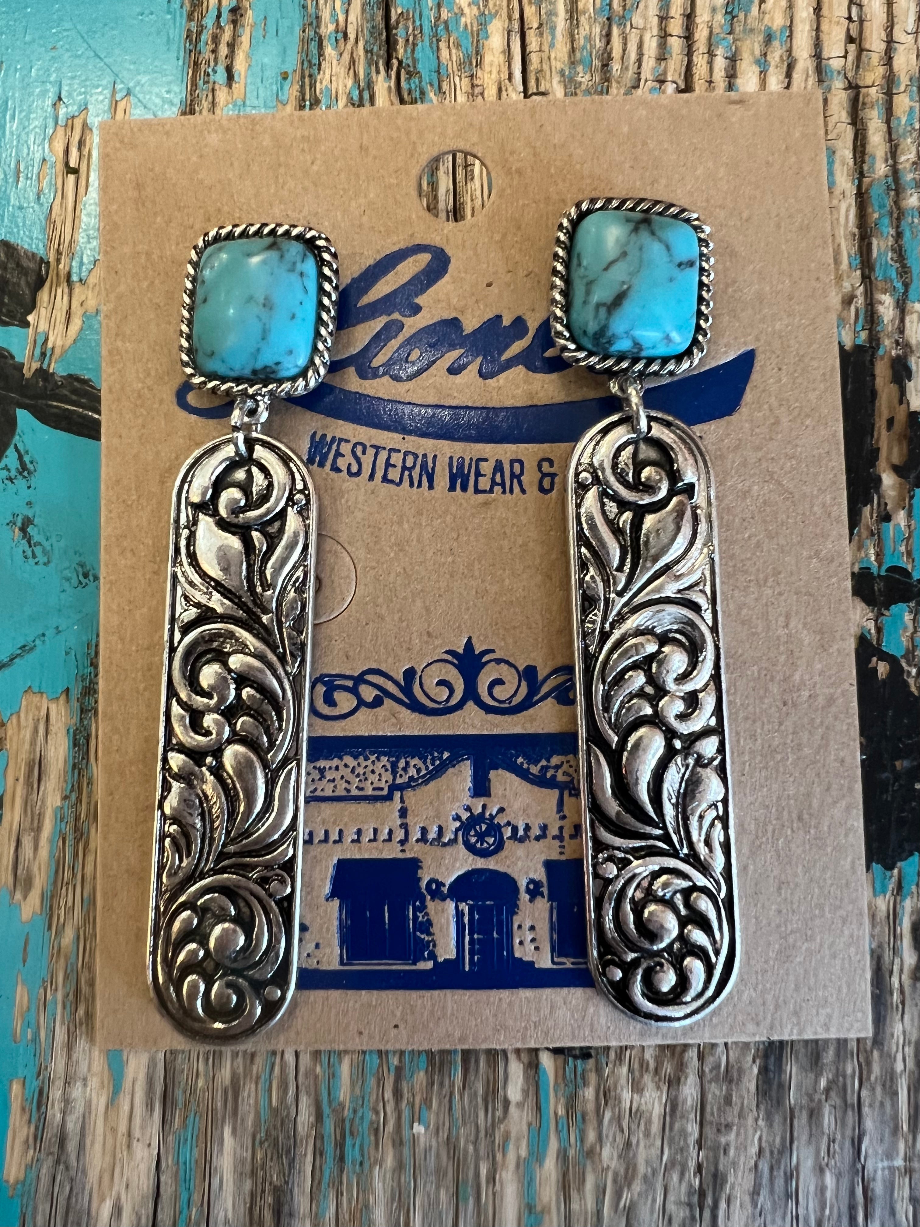 Silver Engraved Bar w/ Turquoise Fashion Earrings