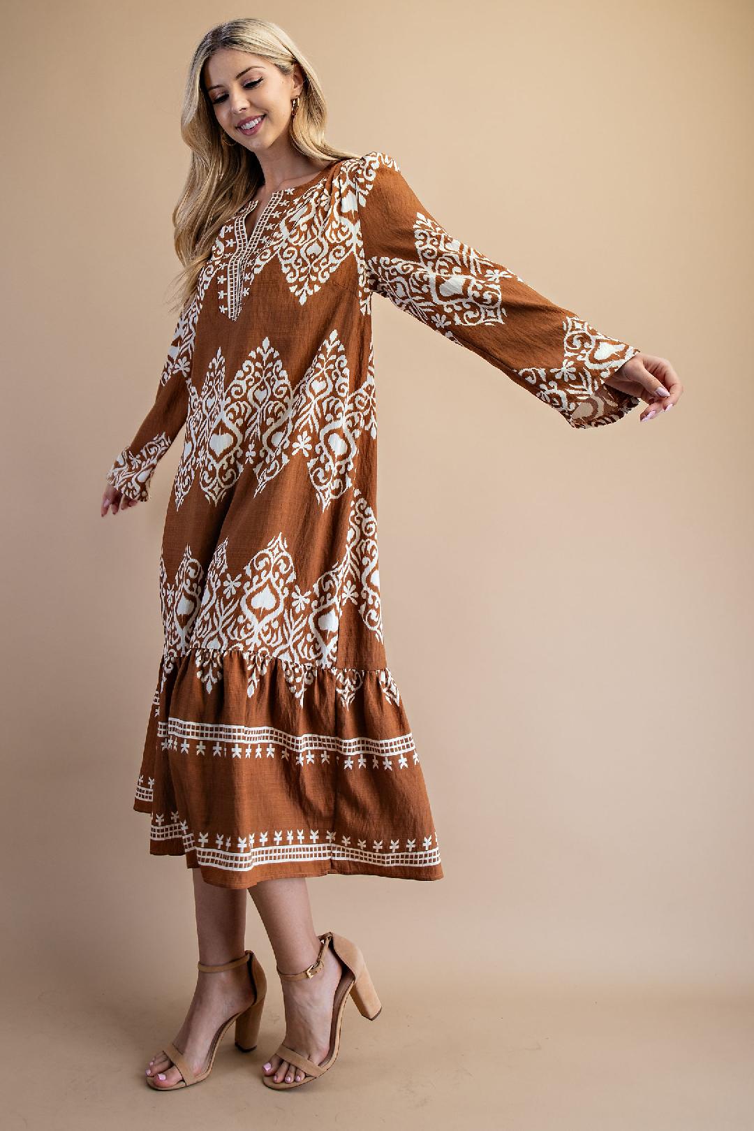 Camel Brown Long Sleeve Midi Dress