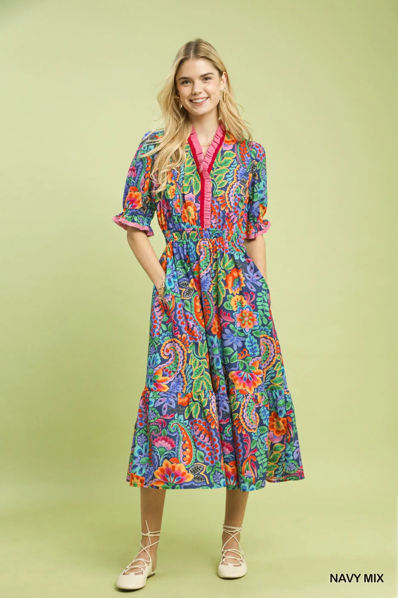 Navy Mix Floral Midi Dress with Ruffle Trim