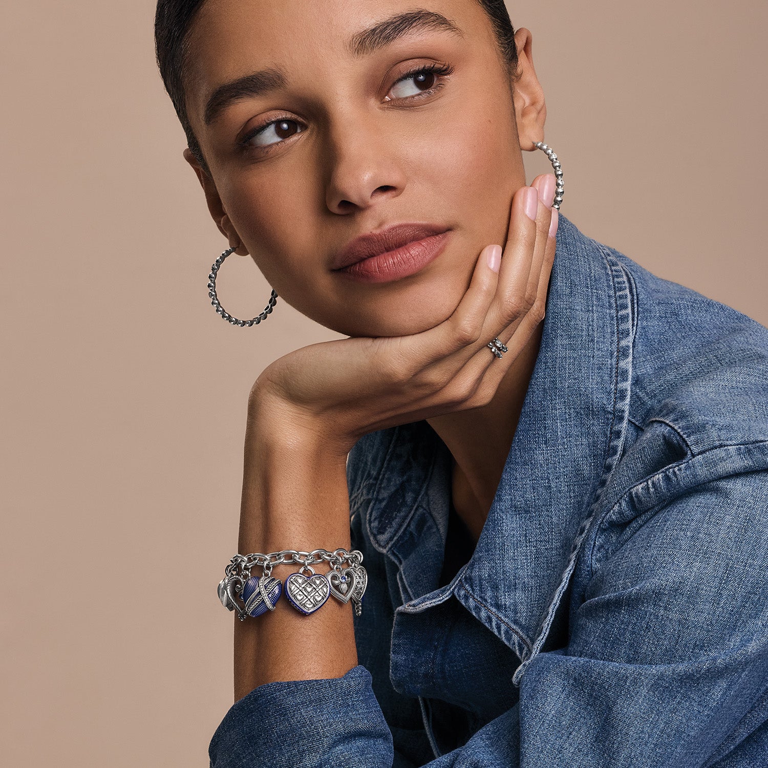 One Heart Link Charm Bracelet/Silver-Blue