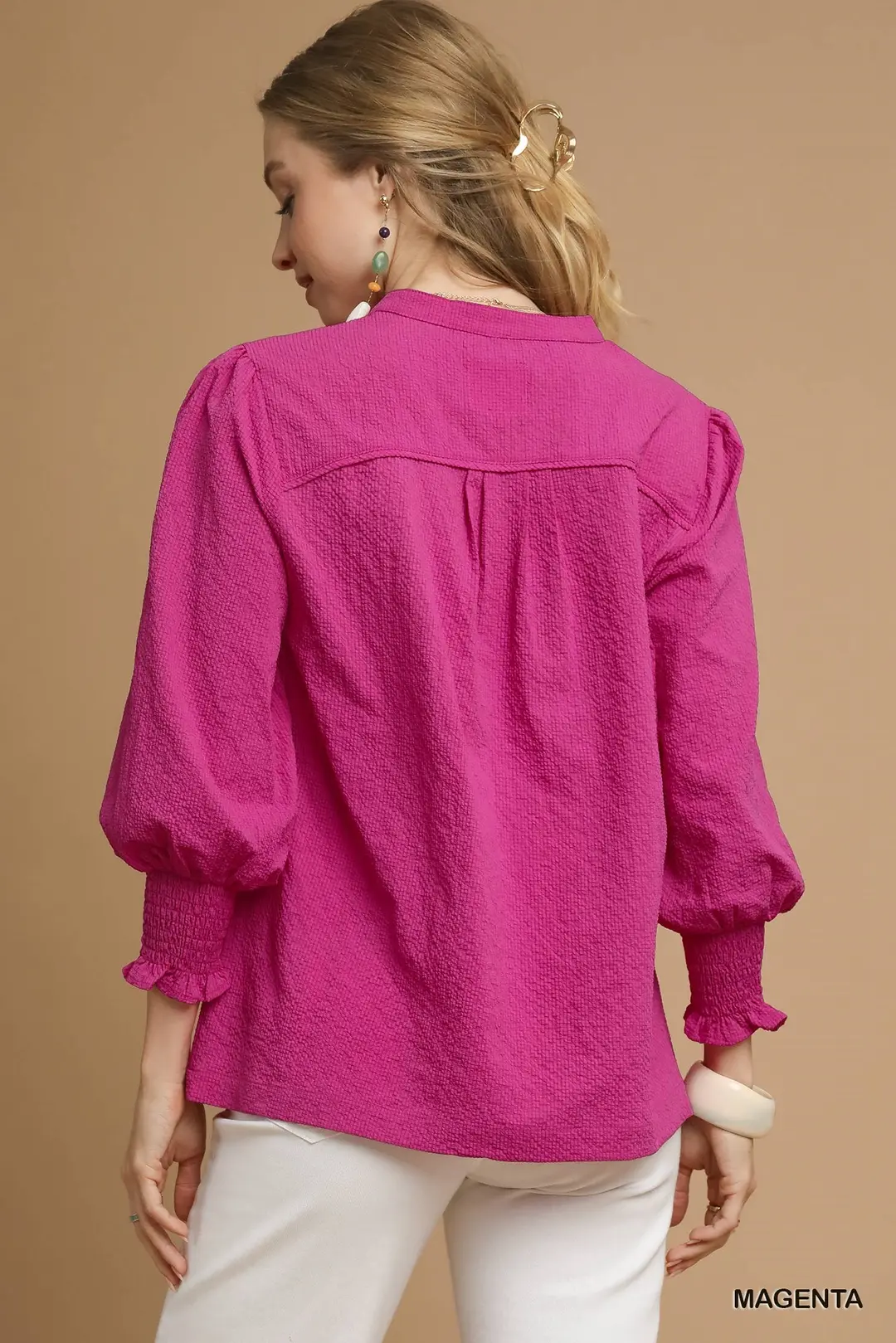 Magenta Textured V-Neck Top