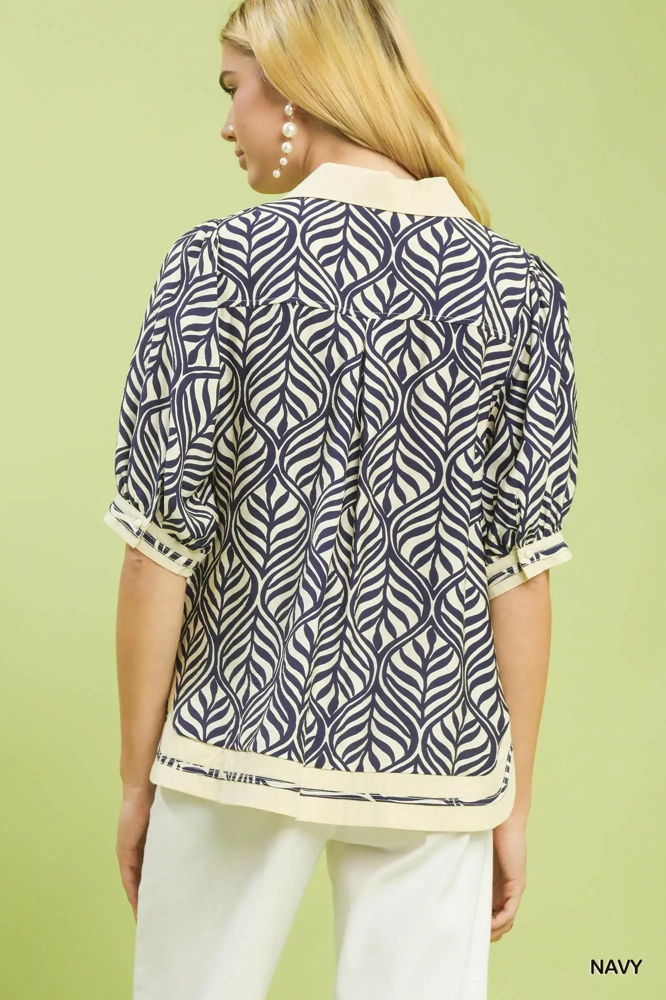 Navy Leaf Print Pullover Top