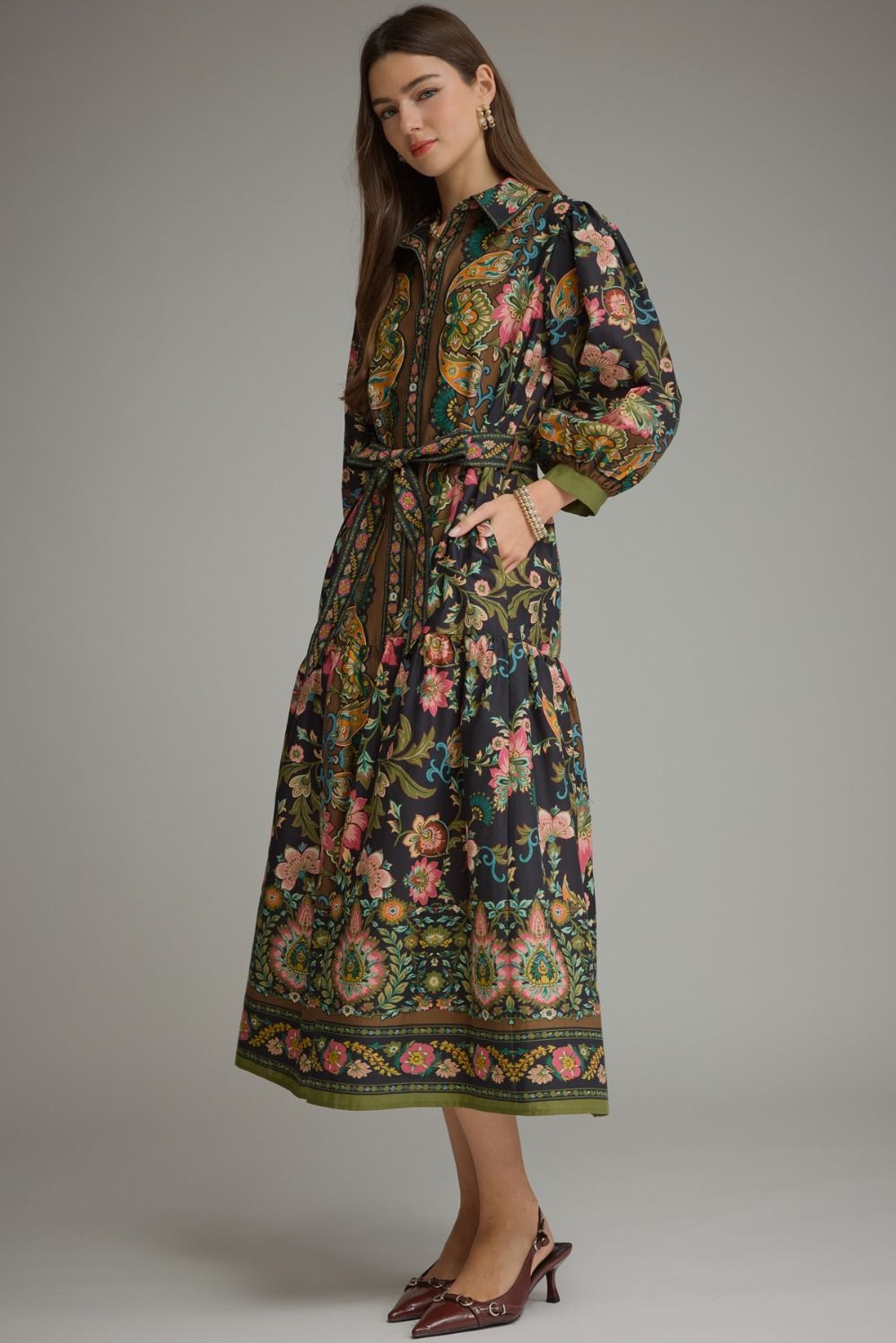 Elegant Botanical Print Belted Midi Dress