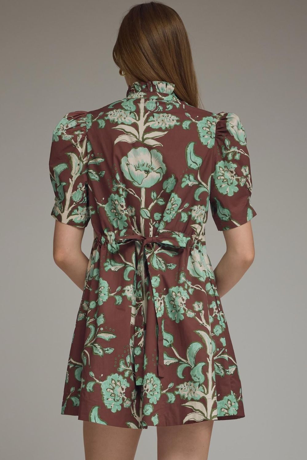 Vintage Floral Ruffle Neck Mini Dress