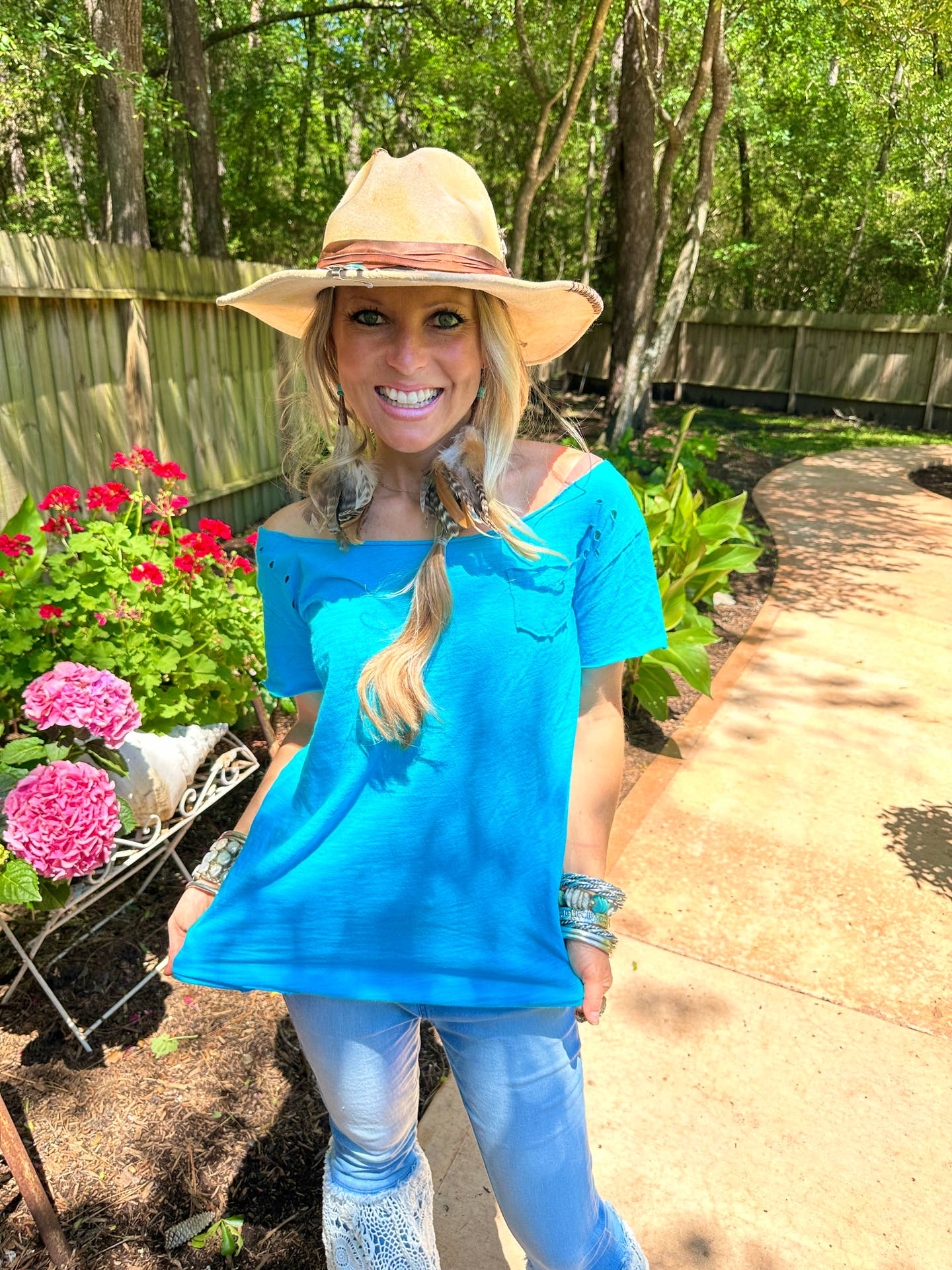 Turquoise Blue Ripped Tattered Tee