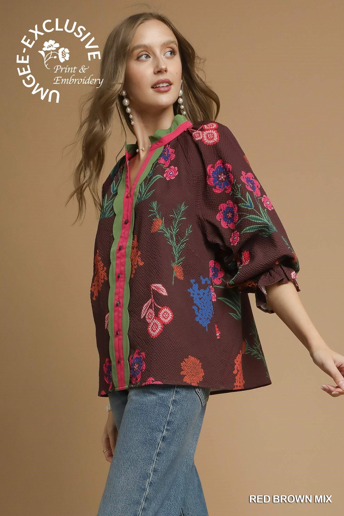Red/Brown Mix Floral Textured Top