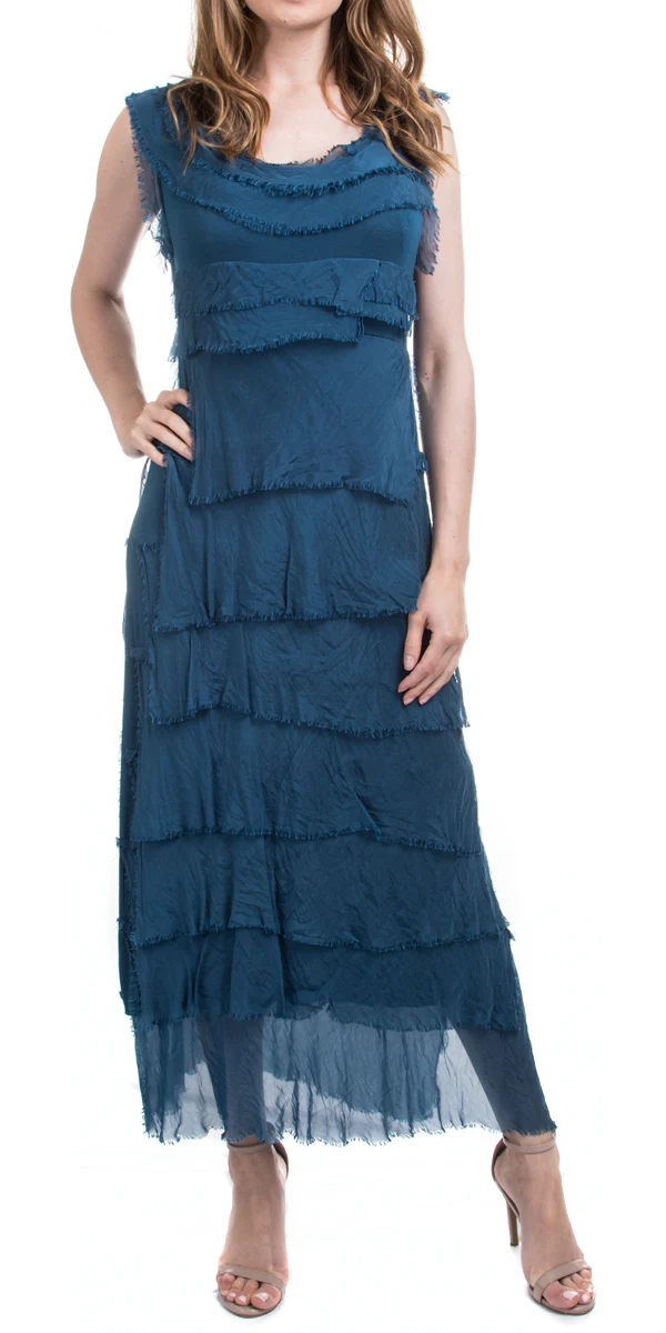 Washable Silk Sleeveless Ankle Length Ruffle Dress