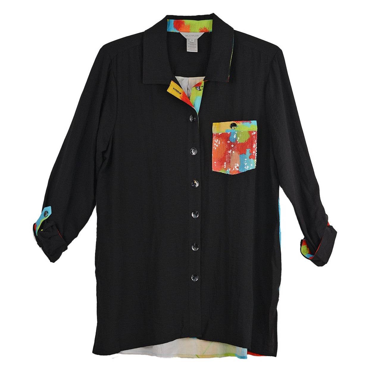 Crinkle Woven Print Shirt w/ Sequin Pocket by Multiples