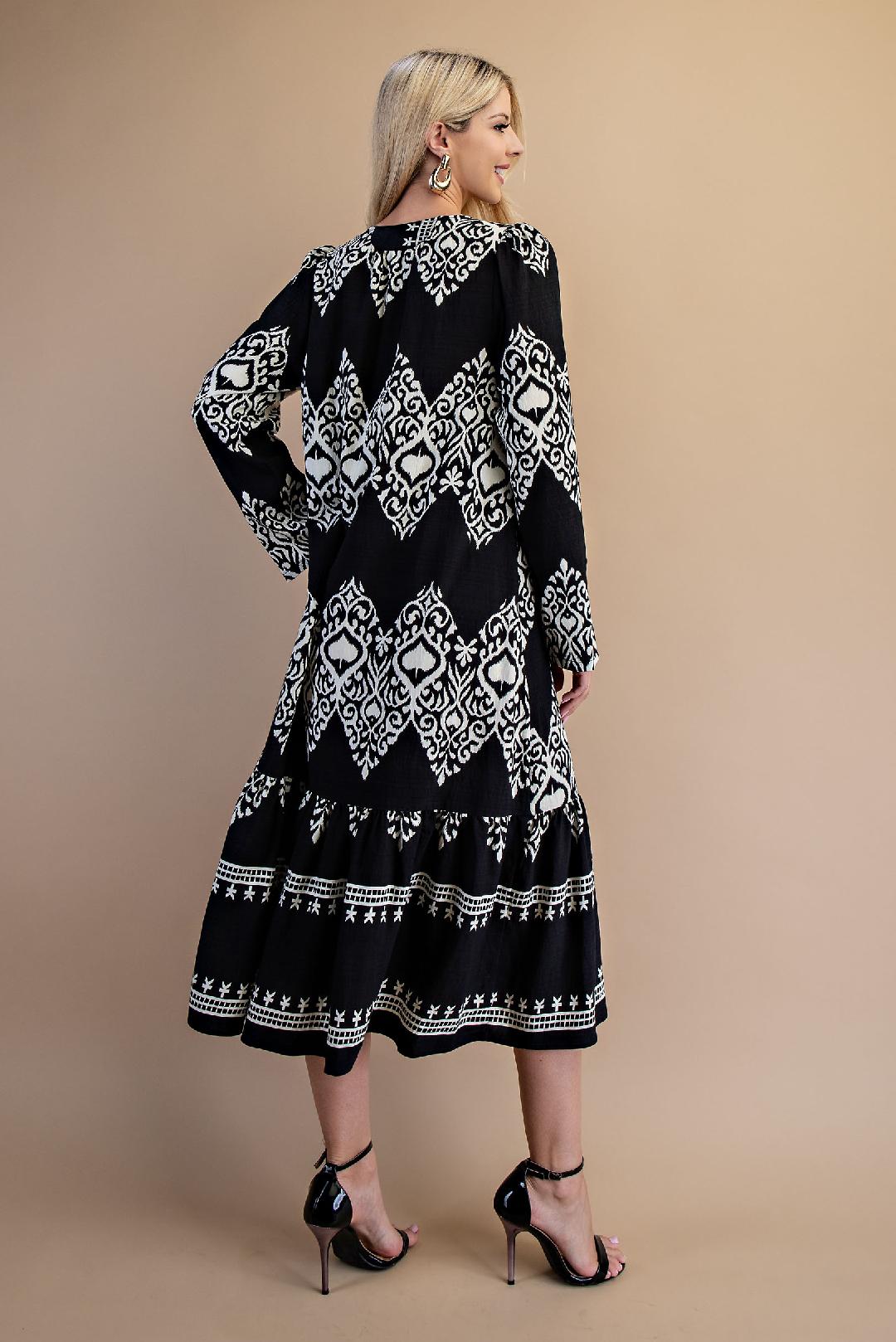 Black & White Long Sleeve Midi Dress