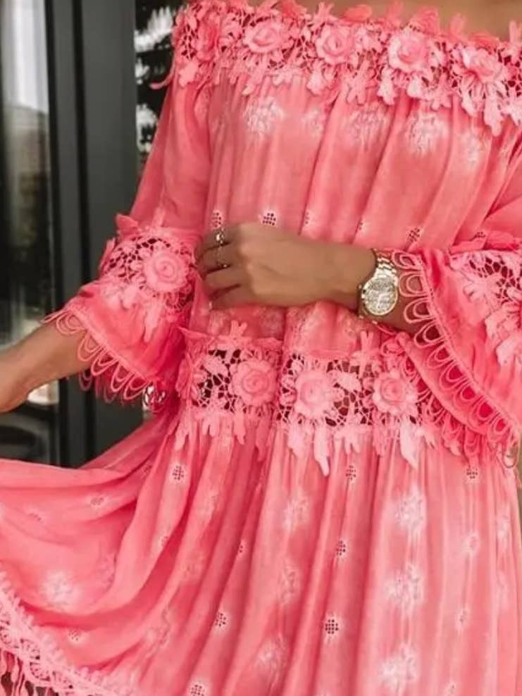 Elegant Coral Lace Dress – Italian Inspired