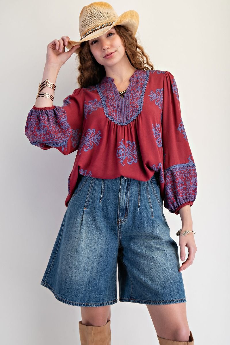 Wine Boho Breeze Crochet Trim Blouse